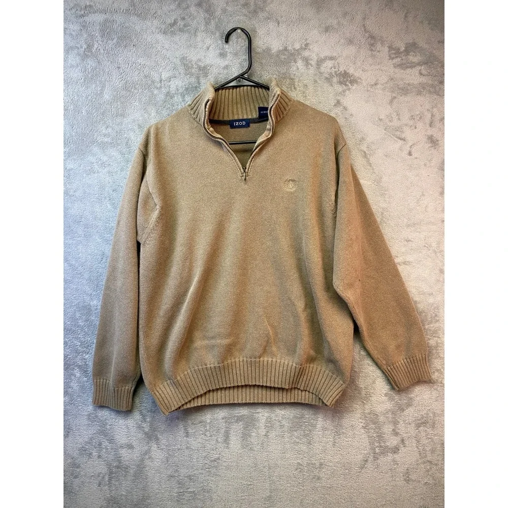 IZOD Mens Quarter Zip Pullover Sweater Tan Khaki 100% Cotton Size L